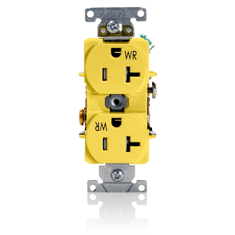TWR20-Y Self Grounding Tamper/Weather Resistant Duplex Receptacle, 125 V AC, 20 A, 2 Poles, 3 Wires, Yellow