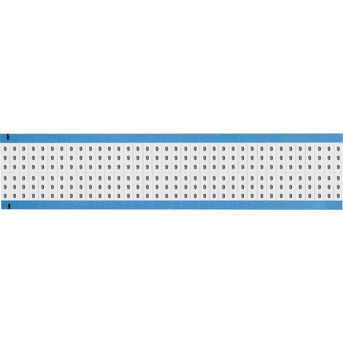 WM-9-SC-PK WM Series Die-Cut Pre-Printed Solid Number Wire Marker Card, 3/4 in L x 1/4 in W, Black on White, B-500 Repositionable Vinyl Coated Fabric, 72 Markers per Card