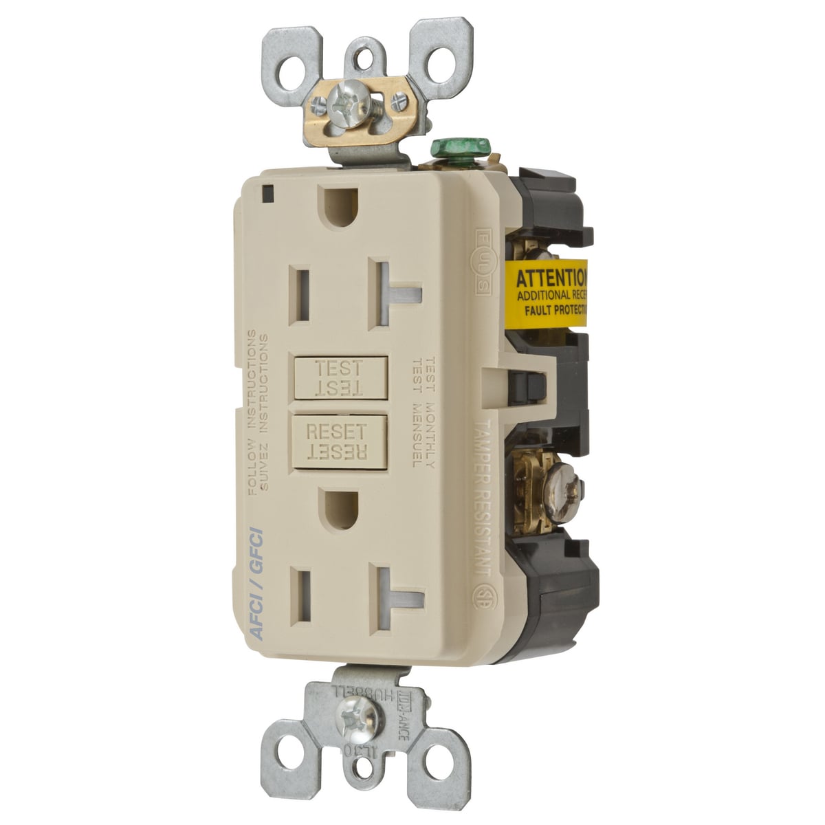 AFGF20TRI Autoground Clip Tamper Resistant Standard AFCI/GFCI Receptacle, 125 V AC, 20 A, 2 Poles, 3 Wires, Ivory