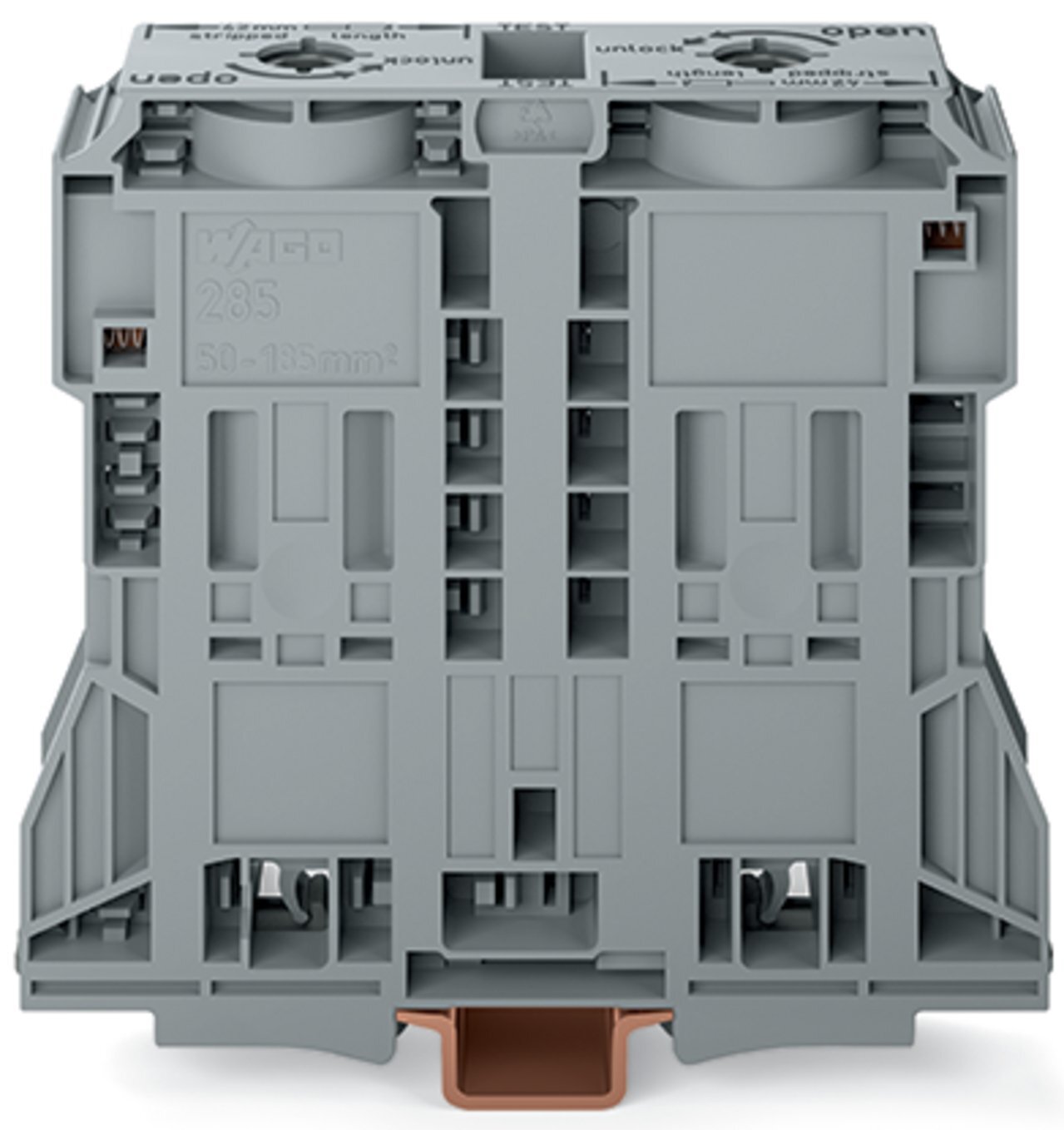 285-1185 285 2 Conductor Terminal Block, 1 kV, 353 A, 1/0 AWG to 350 kcmil Wire, DIN Rail Mounting