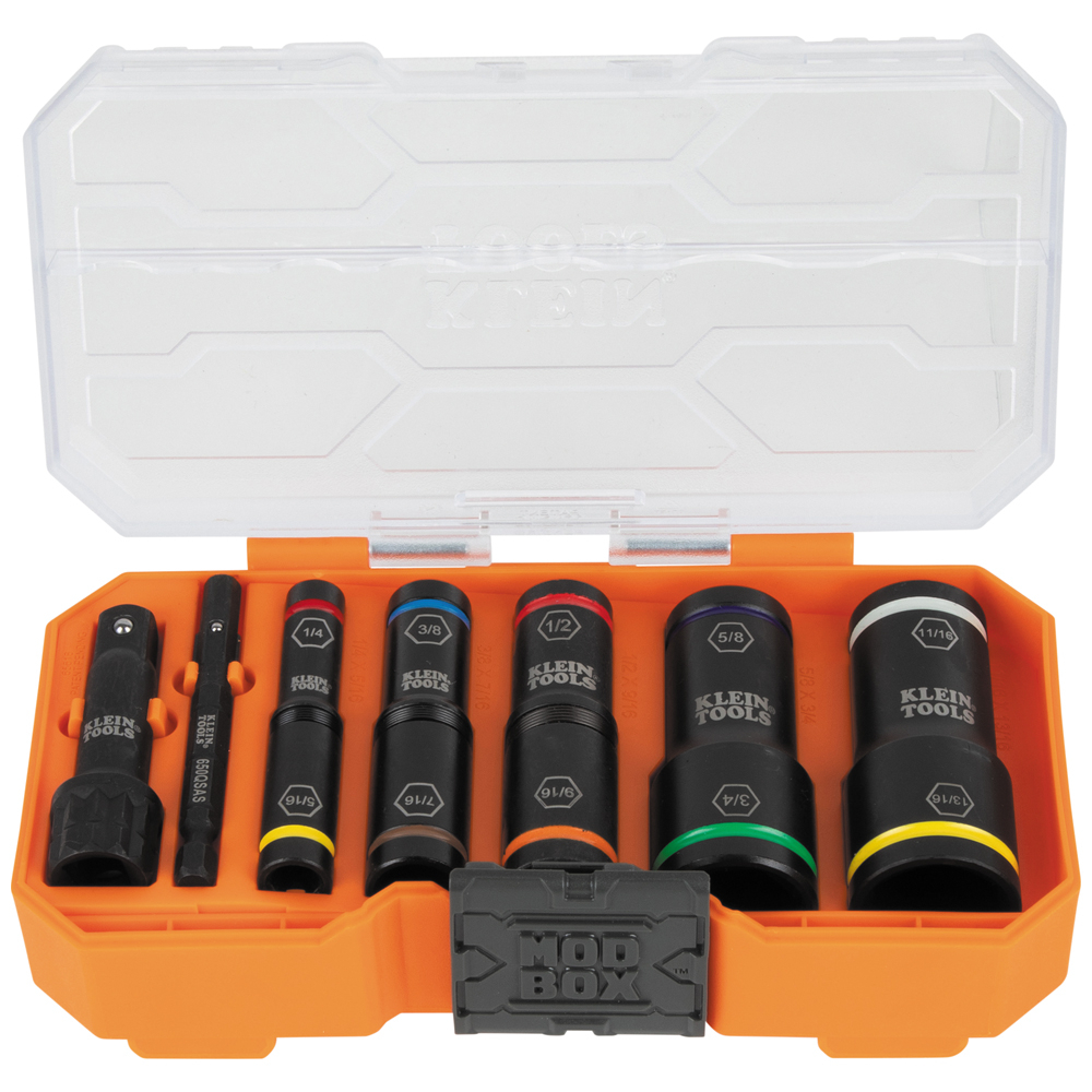 This 8-Piece impact socket set features 10 standard sizes in 5 color-coded sockets. Each impact flip socket features two sockets in one. Set includes nested adapters for dual drive (1/4-Inch hex flip socket shaft nests into 3/8-Inch square drive adapter). Also includes a compact, modular storage system with a clear lid that is compatible with MODbox and stackable with other cases of its similar design.
