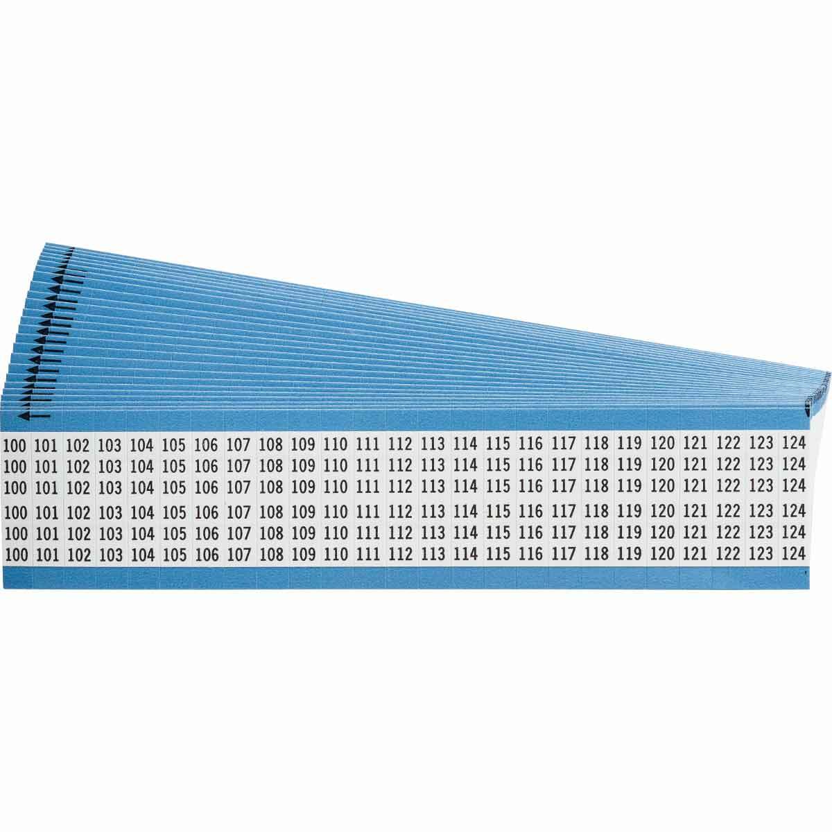 WM-100-124-PK WM Series Consecutive Number Pre-Printed Wire Marker Card, 1/4 in W, Black on White, B-500 Repositionable Vinyl Coated Fabric, 25 Markers per Card