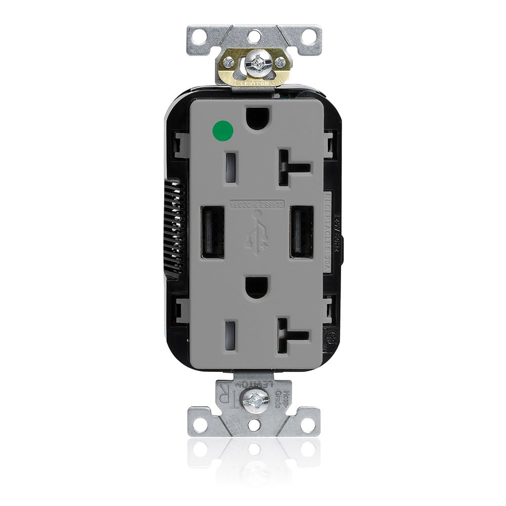 M58AA-HGG Decora Lev-Lok Duplex Heavy Duty Tamper-Resistant Combination USB Receptacle, 125 V AC, 20 A, 2 Poles, 3 Wires, Gray