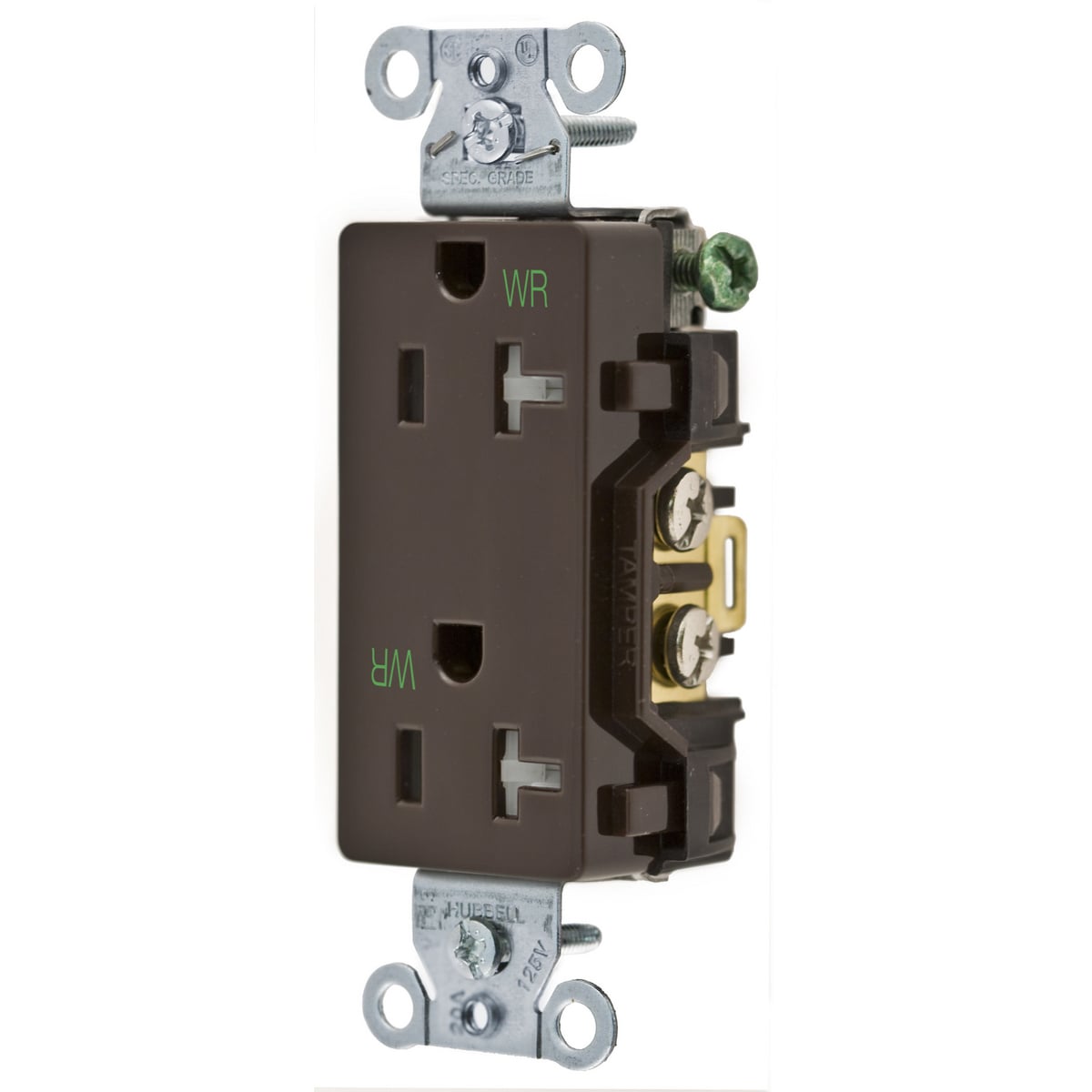 DR20WRTR 1-Phase Decorator Duplex Self-Grounding Standard Tamper/Weather Resistant Screw Mount Straight Blade Receptacle, 125 VAC, 20 A, 2 Poles, 3 Wires, Brown