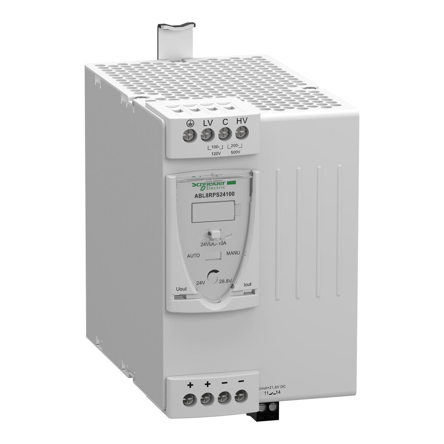 ABL8RPS24100 Phaseo 1/2-Phase Regulated Switch Mode Universal DC Power Supply, 100 to 120 V AC, 200 to 500 V AC Input, 24 VDC Output, 240 W Power Rating, 10 A, DIN Rail Mount
