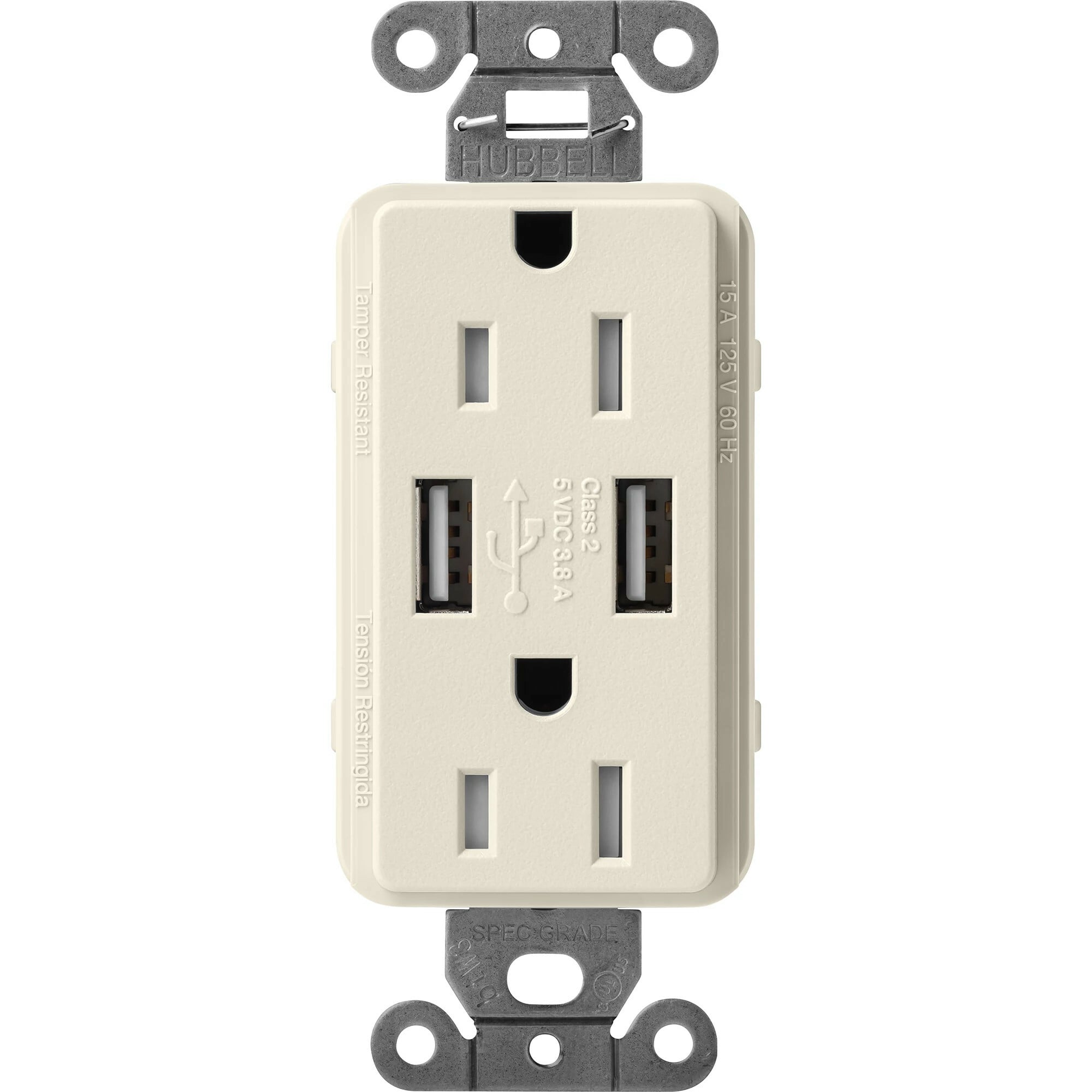 SCR-15-UBTR-PM Claro Tamper-Resistant USB-A Duplex Receptacle, Decorator-Style Outlet, 15 Amp, Self-Testing, Satin, Pumice
