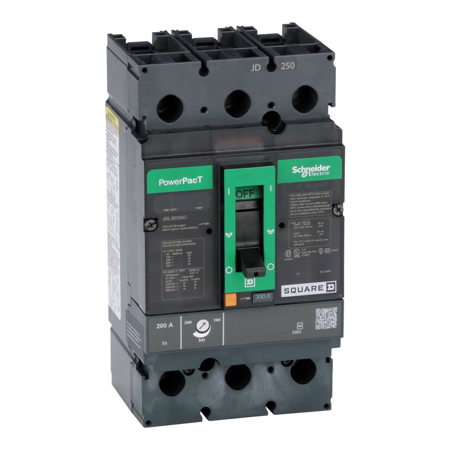 JDL36200C PowerPact Type JDL Molded Case Circuit Breaker, 600 V AC/250 V DC, 200 A, 25 kA at 240 VAC/18 kA at 480 VAC/14 kA at 600 VAC/20 kA at 250 VDC Interrupt, 3 Poles, Thermal Magnetic Trip