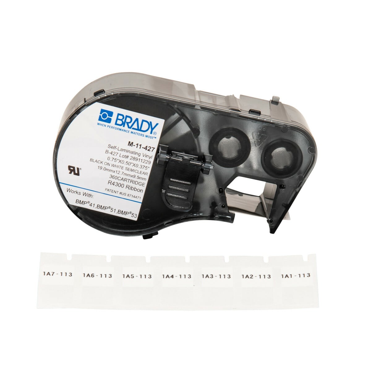 M-11-427 M Series Rectangular Label Marker Cartridge, 3/4 in L x 1/2 in W, For Use With BMP 41, BMP 51 and BMP 53 Label Makers, B-427 Vinyl, Black on Clear/White