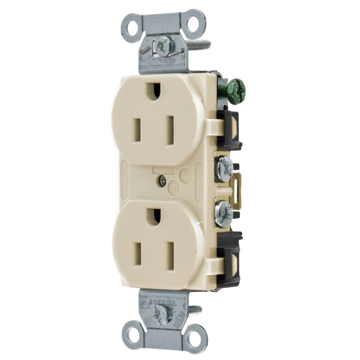 5252ALA 1-Phase Duplex Grounding Heavy Duty Standard Traditional Screw Mount Straight Blade Receptacle, 125 VAC, 15 A, 2 Poles, 3 Wires, Light Almond