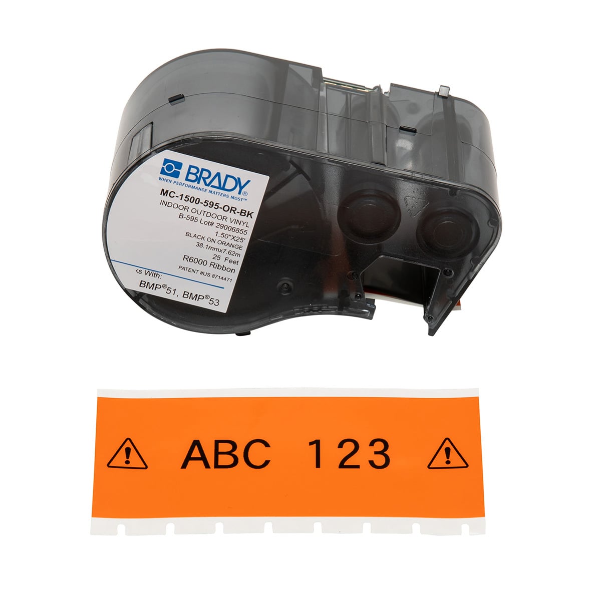 MC-1500-595-OR-BK M Series Label Maker Cartridge, 25 ft L x 1-1/2 in W, For Use With BMP 53 and BMP 51 Label Maker, B-595 Vinyl, Black on Orange