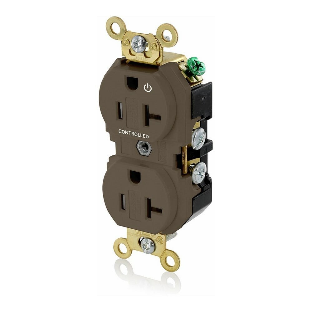 5362-1P Extra Heavy Duty Self Grounding Tamper Resistant Straight Blade Duplex Receptacle With 1 Plug Controlled Markings, 125 V AC, 20 A, 2 Poles, 3 Wires, Brown