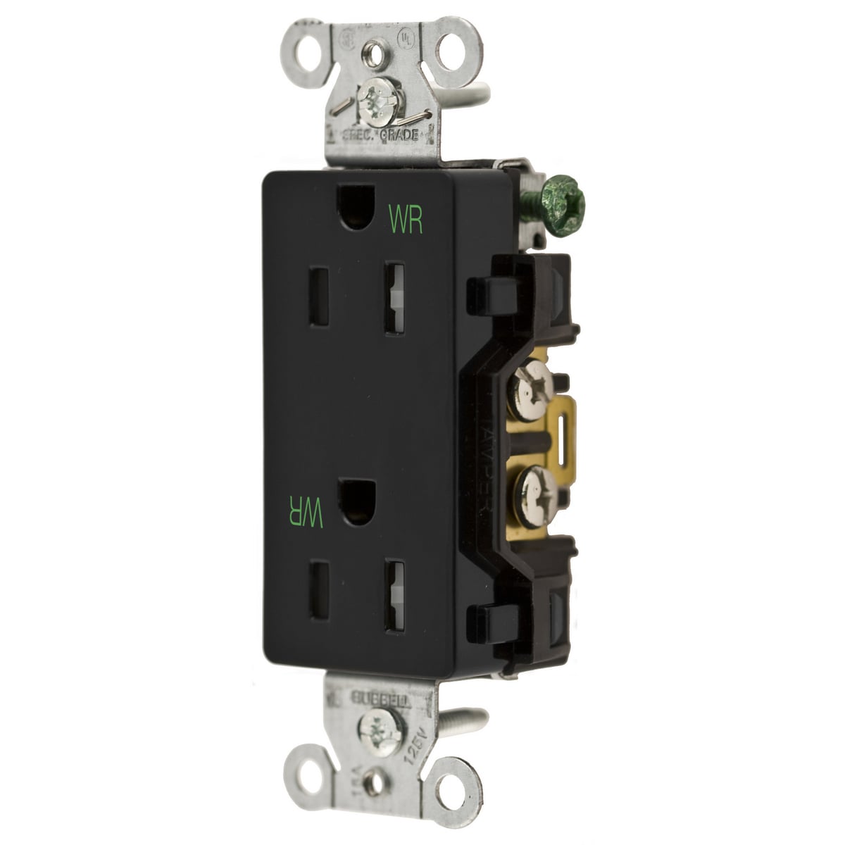 DR15BLKWRTR 1-Phase Decorator Duplex Self-Grounding Standard Tamper Weather-Resistant Screw Mount Straight Blade Receptacle, 125 V AC, 15 A, 2 Poles, 3 Wires, Black