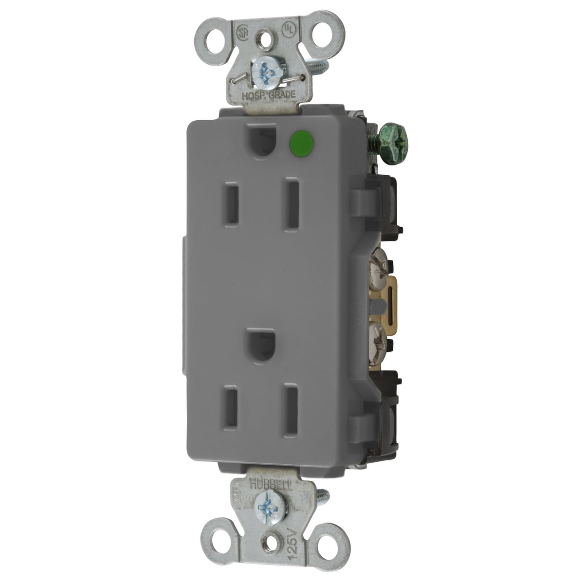 2172GY Hubbell-PRO 1-Phase Decorator Duplex Self-Grounding Standard Screw Mount Straight Blade Receptacle, 125 V AC, 15 A, 2 Poles, 3 Wires, Gray