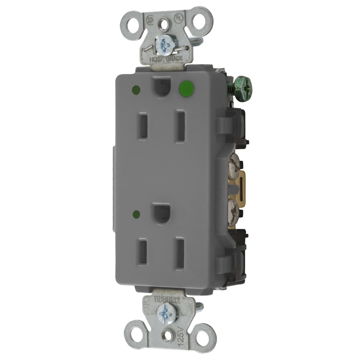 2172GYL Hubbell-PRO 1-Phase Decorator Duplex Heavy Duty Standard Screw Mount Straight Blade Receptacle, 125 V AC, 15 A, 2 Poles, 3 Wires, Gray
