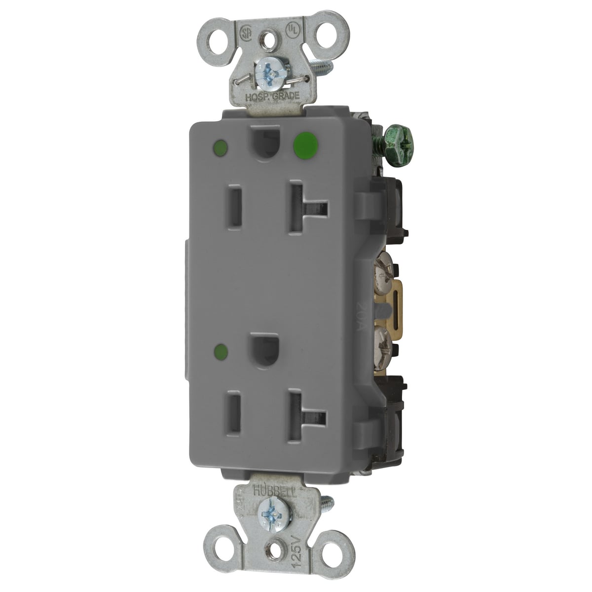 2182GYL 1-Phase Decorator Duplex Self-Grounding Standard Screw Mount Straight Blade Receptacle With LED Power Indicator, 125 V AC, 20 A, 2 Poles, 3 Wires, Gray