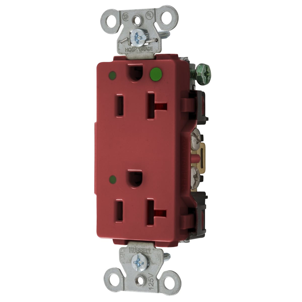 2182REDL 1-Phase Decorator Duplex Heavy Duty Standard Screw Mount Straight Blade Receptacle With Power Indicating LED, 125 VAC, 20 A, 2 Poles, 3 Wires, Red