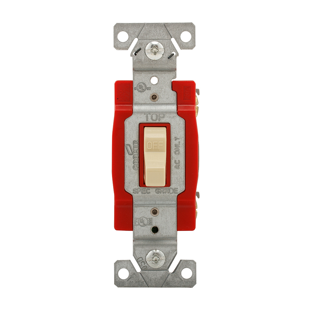 Eaton construction grade toggle switch, #14-10 AWG, 20A, Industrial, Flush mount, 120/277V, Back and side, Screw, Ivory, Single-Pole, Single-Pole, Brass, Polycarbonate