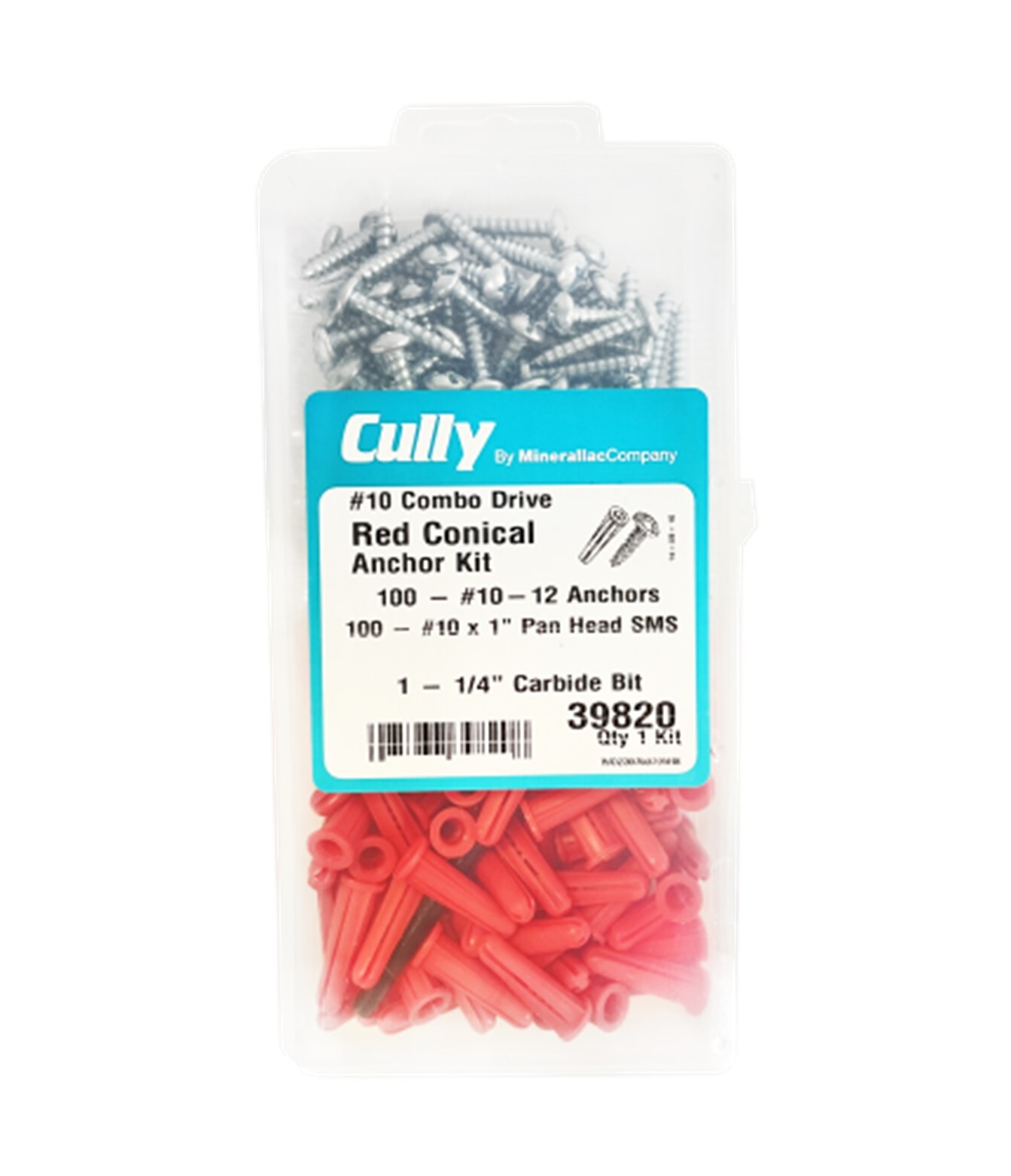 #10 Phillips/Slotted Pan Head Red Conical Anchor Kit, #10 x 1" (100), #10-12 (100), Includes 1/4" Carbide Drill Bit