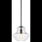 The Everly(TM) 10.25in; one light schoolhouse shaped pendant comes with a curved, glass blown container featuring clear glass and an Olde Bronze finish for a simple and elegant look. The Everlyfts versatile design coordinates with a variety of styles and can be used singularly, in multiples or arranged at varying heights to elevate the room.