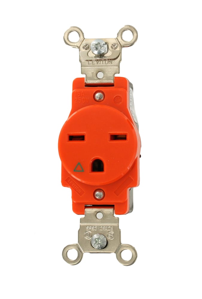 5661-IG Heavy Duty Single Straight Blade Receptacle, 250 V AC, 15 A, 2 Poles, 3 Wires, Orange
