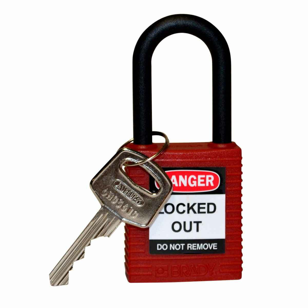 123324 Anti-Spark Key Retaining Safety Padlock, Different Key, Red, Fiberglass Reinforced Nylon Body, 1/4 in Dia x 1-1/2 in H x 0.8 in W Nylon Shackle, 1-3/4 in L Body, Non-Conductive Conductivity