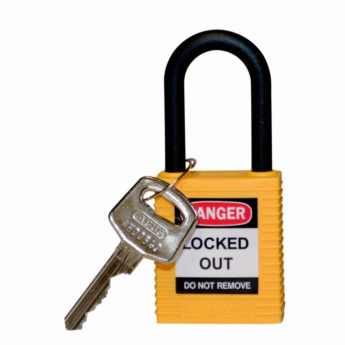 123327 Anti-Spark Key Retaining Safety Padlock, Different Key, Yellow, Fiberglass Reinforced Nylon Body, 1/4 in Dia x 1-1/2 in H x 0.8 in W Nylon Shackle, 1-3/4 in L Body, Non-Conductive Conductivity