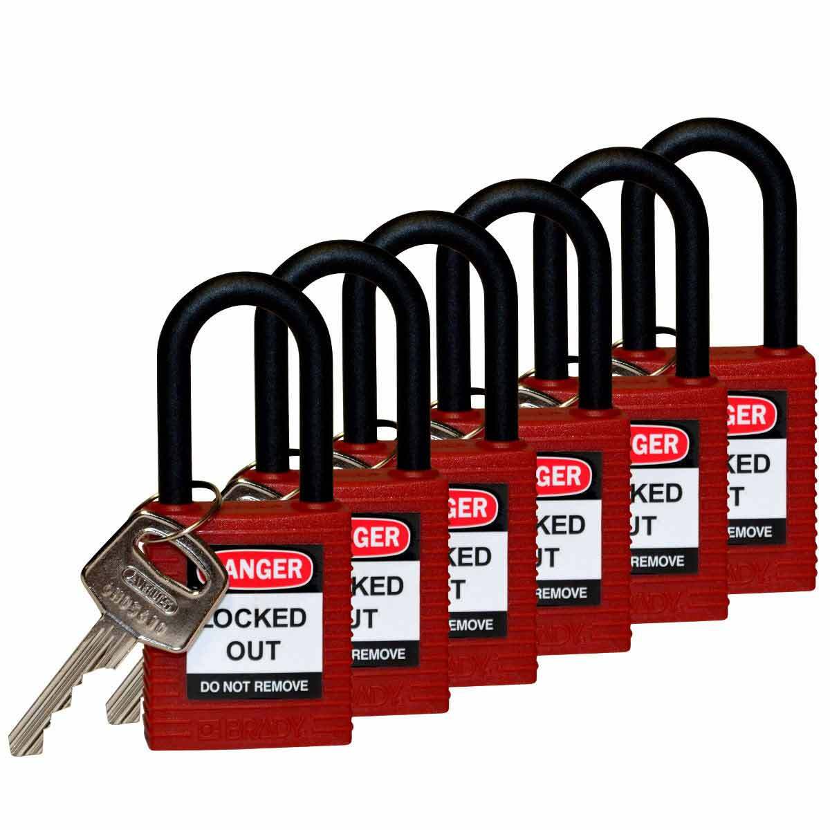 123342 Anti-Spark Key Retaining Safety Padlock, Alike Key, Red, Fiberglass Reinforced Nylon Body, 1/4 in Dia x 1-1/2 in H x 0.8 in W Nylon Shackle, 1-3/4 in L Body, Non-Conductive Conductivity