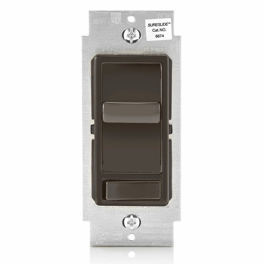6674-P0B Decora SureSlide 3-Way Dimmable Electro-Mechanical Universal Dimmer Switch, 120 V AC, 1 Pole, Standard On/Off Operation, Brown