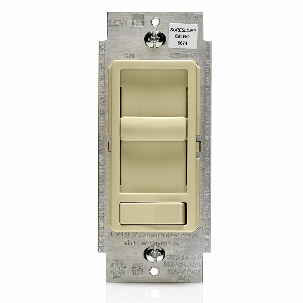 6674-P0I Decora SureSlide 3-Way Dimmable Electro-Mechanical Universal Dimmer Switch, 120 V AC, 1 Pole, Standard On/Off Operation, Ivory