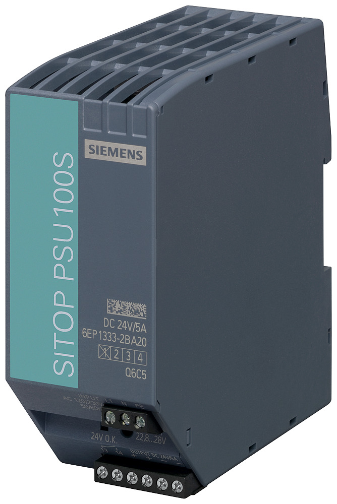 6EP13332BA20 SITOP PSU100S 1-Phase Stabilized Power Supply, 120/230 V AC Input, 24 VDC Output, 120 W Power Rating, 5 A, DIN Rail Mount