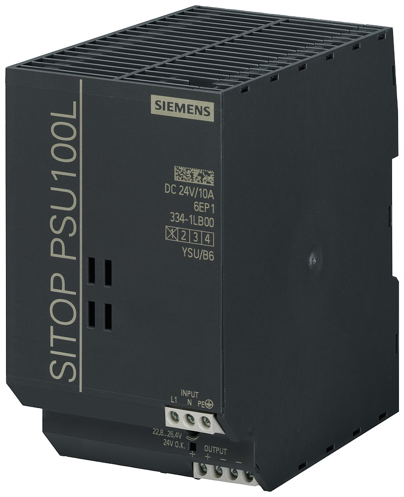 6EP13341LB00 SITOP PSU100L 1-Phase Stabilized Power Supply, 120/230 V AC Input, 24 VDC Output, 240 W Power Rating, 10 A, DIN Rail Mount