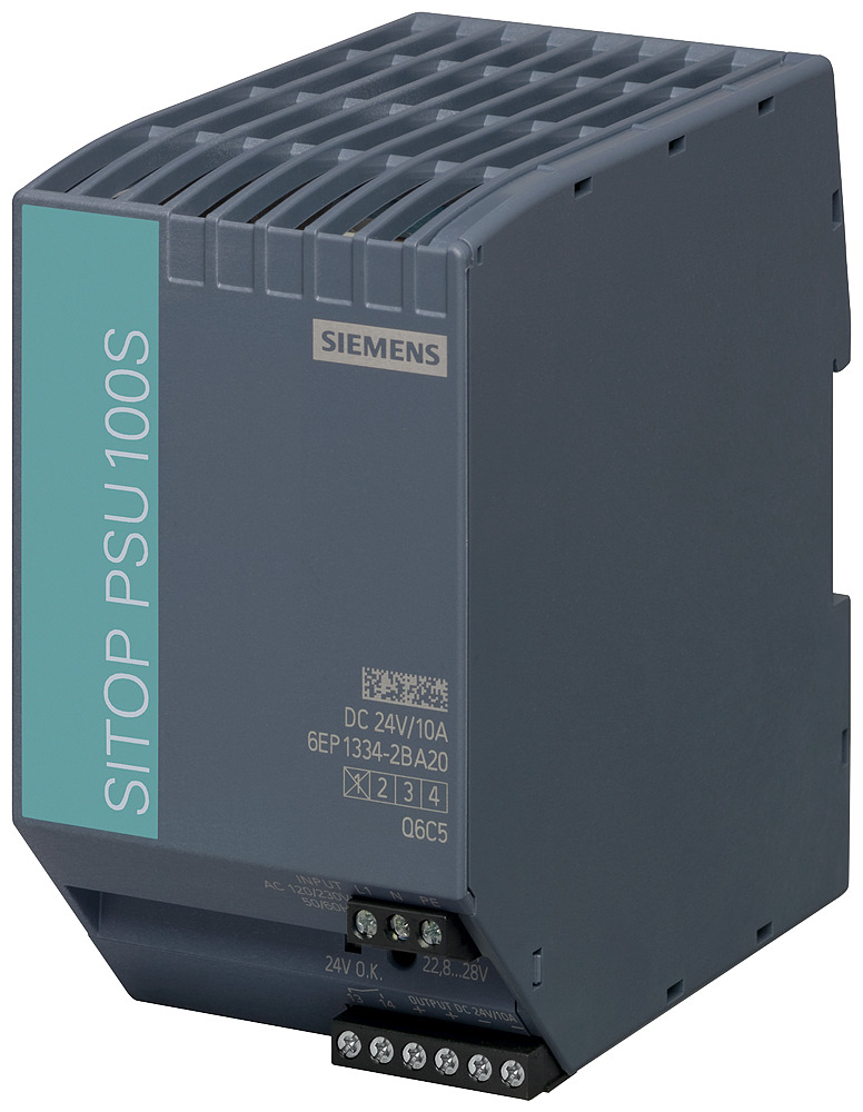 6EP13342BA20 SITOP PSU100S 1-Phase Stabilized Power Supply, 120/230 V AC Input, 24 VDC Output, 240 W Power Rating, 10 A, DIN Rail Mount