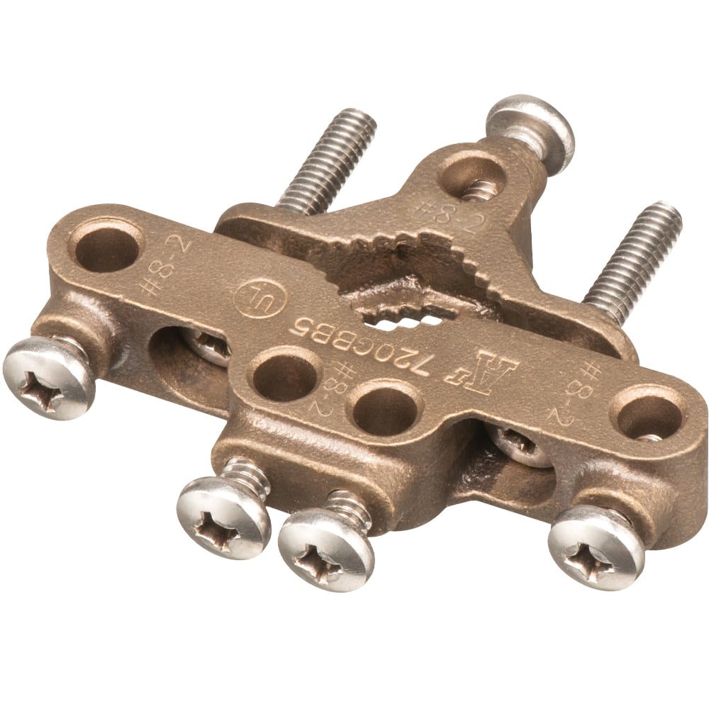720GBB5 Grounding Bridge Clamp With Stainless Steel Screw, 1/2 in, 5/8 in, 3/4 in Rod, 14 to 4 AWG Conductor, Solid Bronze