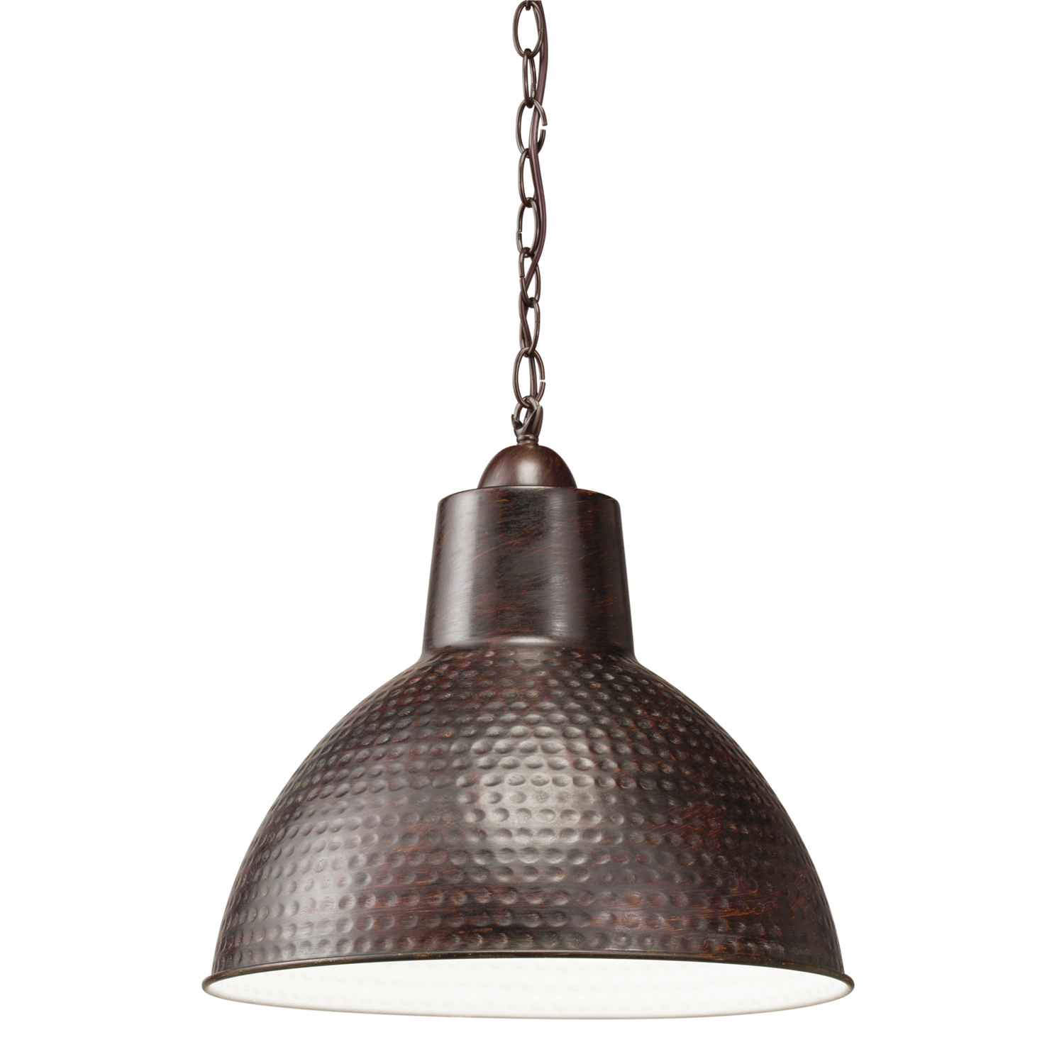 The Missoula(TM) 12.5in; 1 light pendant features a hammered shade industrial look with its Bronze finish and white interior shade. The Missoula is perfect well in several aesthetic environments, including industrial or rustic.