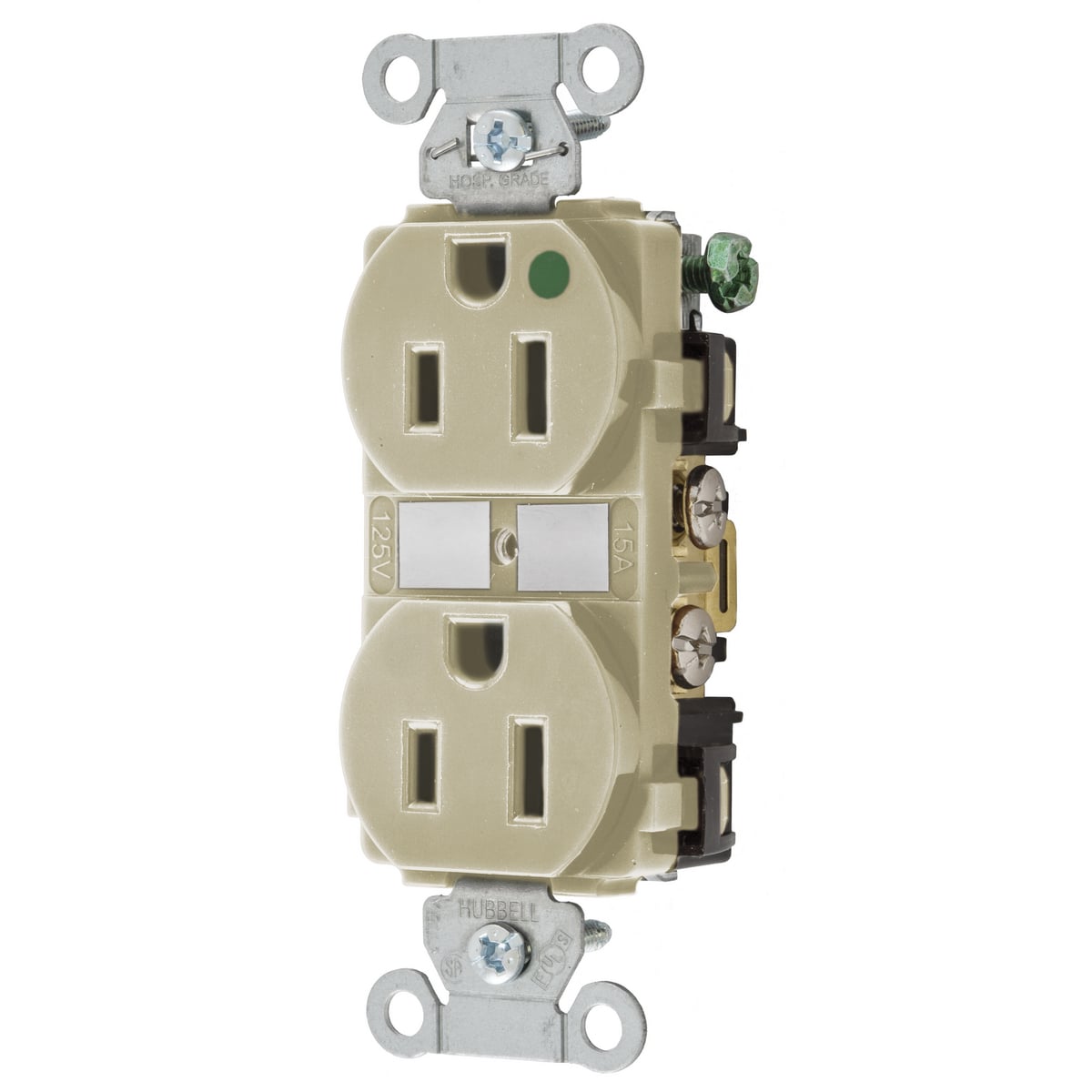 8200IV Hubbell-PRO 1-Phase Duplex Self-Grounding Standard Traditional Screw Mount Straight Blade Receptacle, 125 V AC, 15 A, 2 Poles, 3 Wires, Ivory