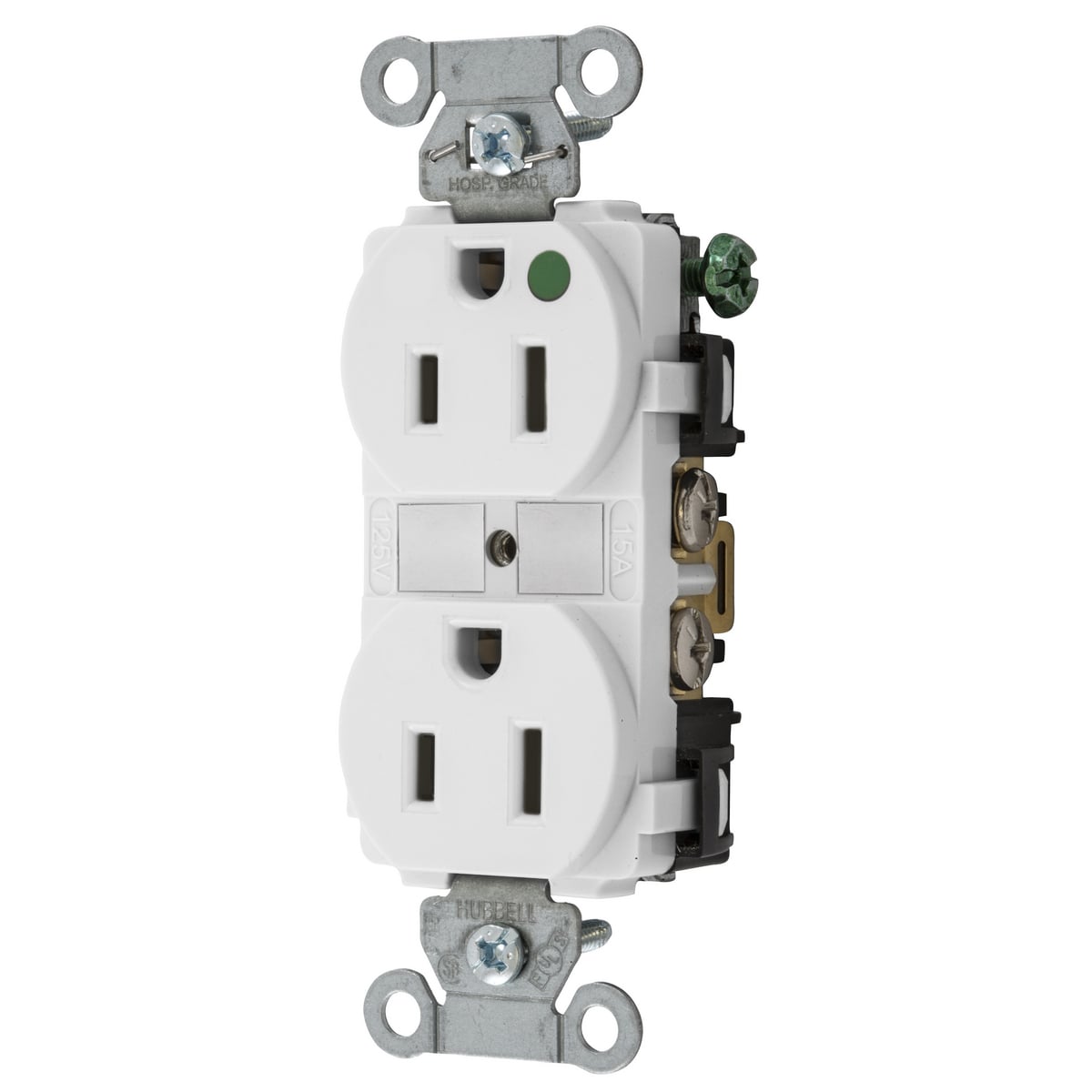 8200WHI 1-Phase Duplex Heavy Duty Standard Screw Mount Straight Blade Receptacle, 125 V AC, 15 A, 2 Poles, 3 Wires, White