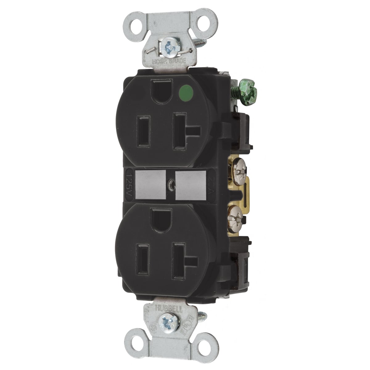 8300BK 1-Phase Duplex Self-Grounding Heavy Duty Standard Traditional Screw Mount Straight Blade Receptacle, 125 V AC, 20 A, 2 Poles, 3 Wires, Black