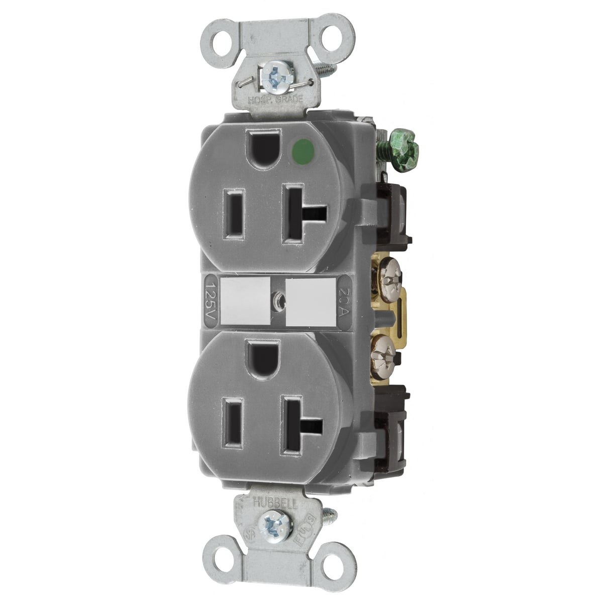8300GY 1-Phase Duplex Self-Grounding Standard Traditional Screw Mount Straight Blade Receptacle, 125 V AC, 20 A, 2 Poles, 3 Wires, Gray