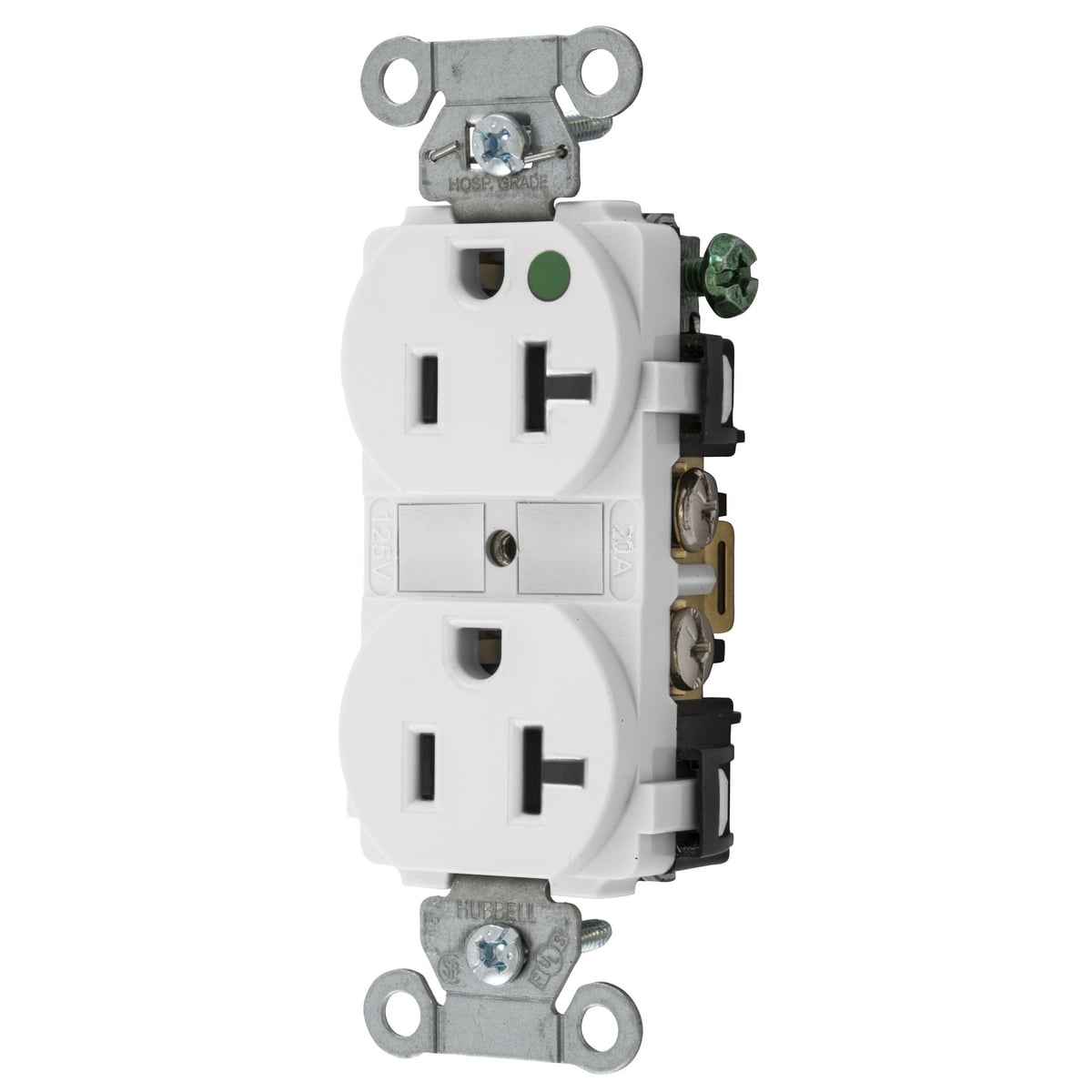 8300WHI 1-Phase Duplex Self-Grounding Heavy Duty Standard Traditional Screw Mount Straight Blade Receptacle, 125 V AC, 20 A, 2 Poles, 3 Wires, White
