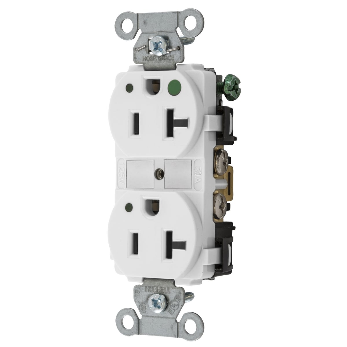 8300WL 1-Phase Decorator Duplex Heavy Duty Self-Grounding Standard Traditional Screw Mount Straight Blade Receptacle With LED Power Indicator, 125 V AC, 20 A, 2 Poles, 3 Wires, White