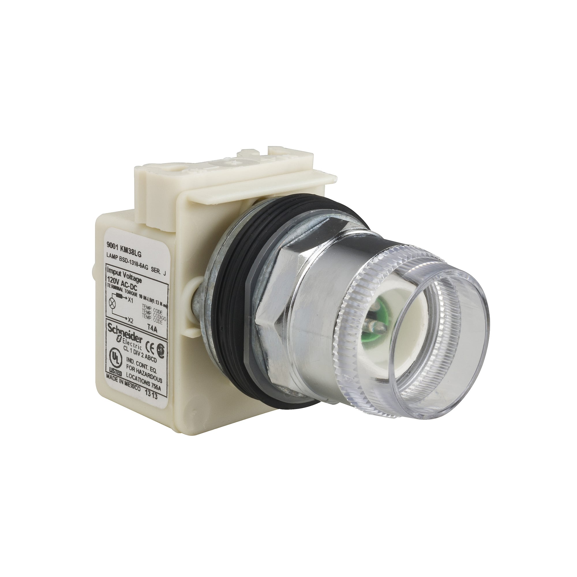 9001K1L38LG Harmony Type K Dusttight/Oiltight/Watertight Heavy Duty Round Illuminated Pushbutton Operator With Metal Full Guard, 30 mm, SPDT Contact, Flush Operator, Momentary Contact, Green
