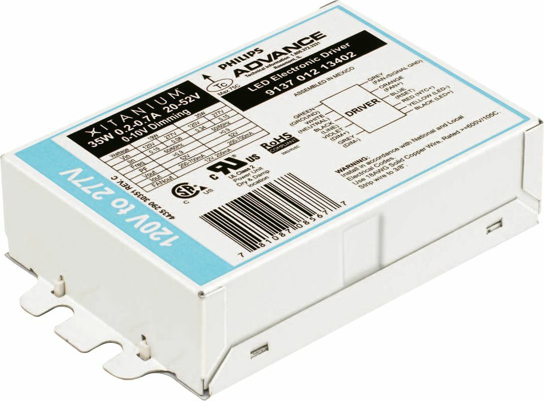 913701213402 Advance Xitanium Dimmable Electronic LED Driver, 120 to 277 V AC Input, 20 to 56 VDC Output, 35 W, 5 in L x 3 in W