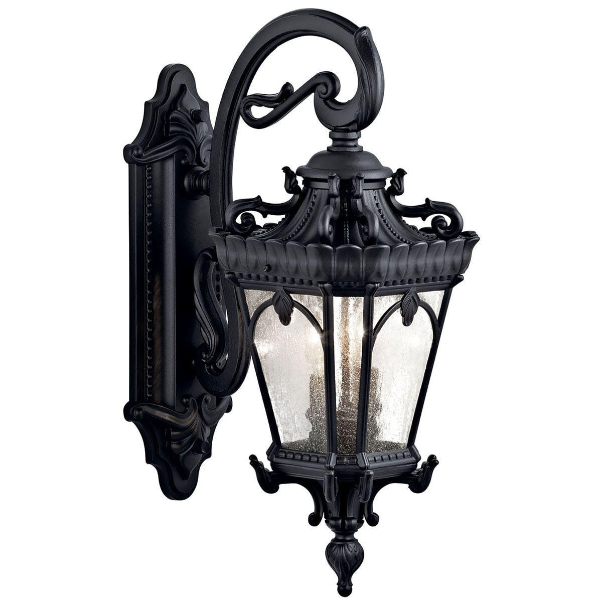 The Tournai(TM) 24in; 2 Light outdoor wall light features an ornate look with its clear seeded glass and Textured Black finish. The Tournai wall light works in a traditional environment.