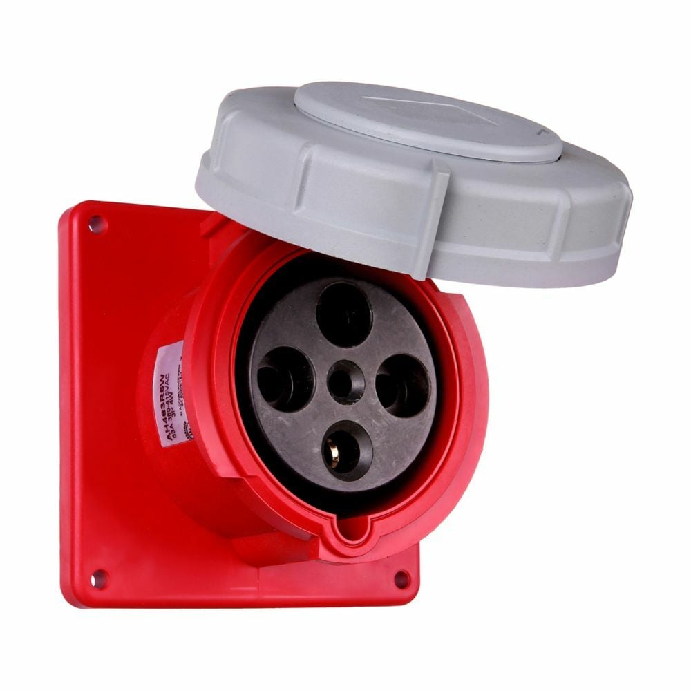 Eaton Arrow Hart pin and sleeve receptacle, IP69K Rated, #8 - #2 AWG, #10 - #2 AWG (Ground), #12 - #16 AWG (Pilot), 63A, 380-415V, Back wire, Red, Nickel plated brass, IP67, Nylon, 3-pole, 4-wire, AHBB60 Back box style, Female, Nylon