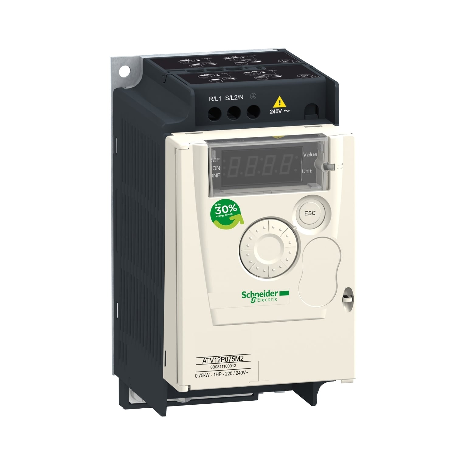 ATV12P075M3 Altivar 3-Phase Variable Speed Drive, 200 to 240 V, 6.3 A at 200 V, 5.3 A at 240 V, 1 hp, 2.83 in W x 4.02 in D