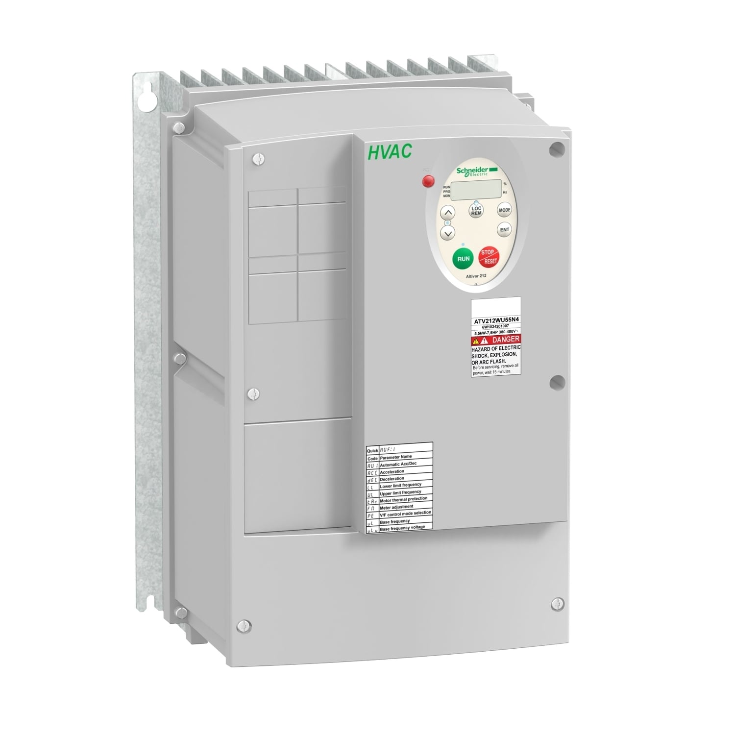 ATV212WU55N4 Altivar 3-Phase Type 12 Variable Speed Drive, 380/480 V AC, 12 A, 7-1/2 hp, 230 mm W x 208 mm D