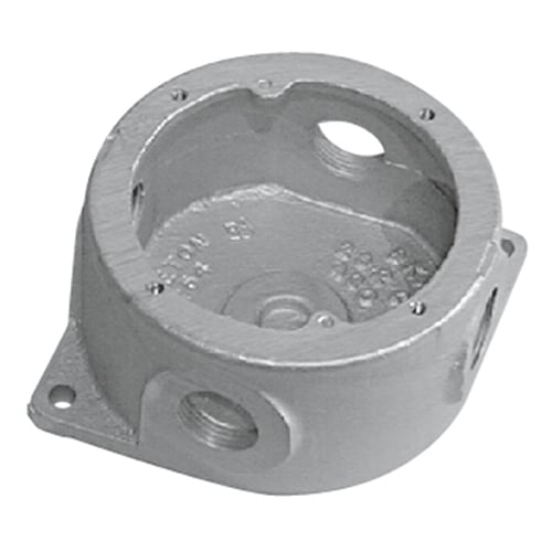 Emerson; Round Junction Box; 5 Inch Length x 5 Inch Width x 3 Inch Height x 2-1/4 Inch Inside Depth, Gray Iron and Copper-Free Aluminum, Silver/Gray