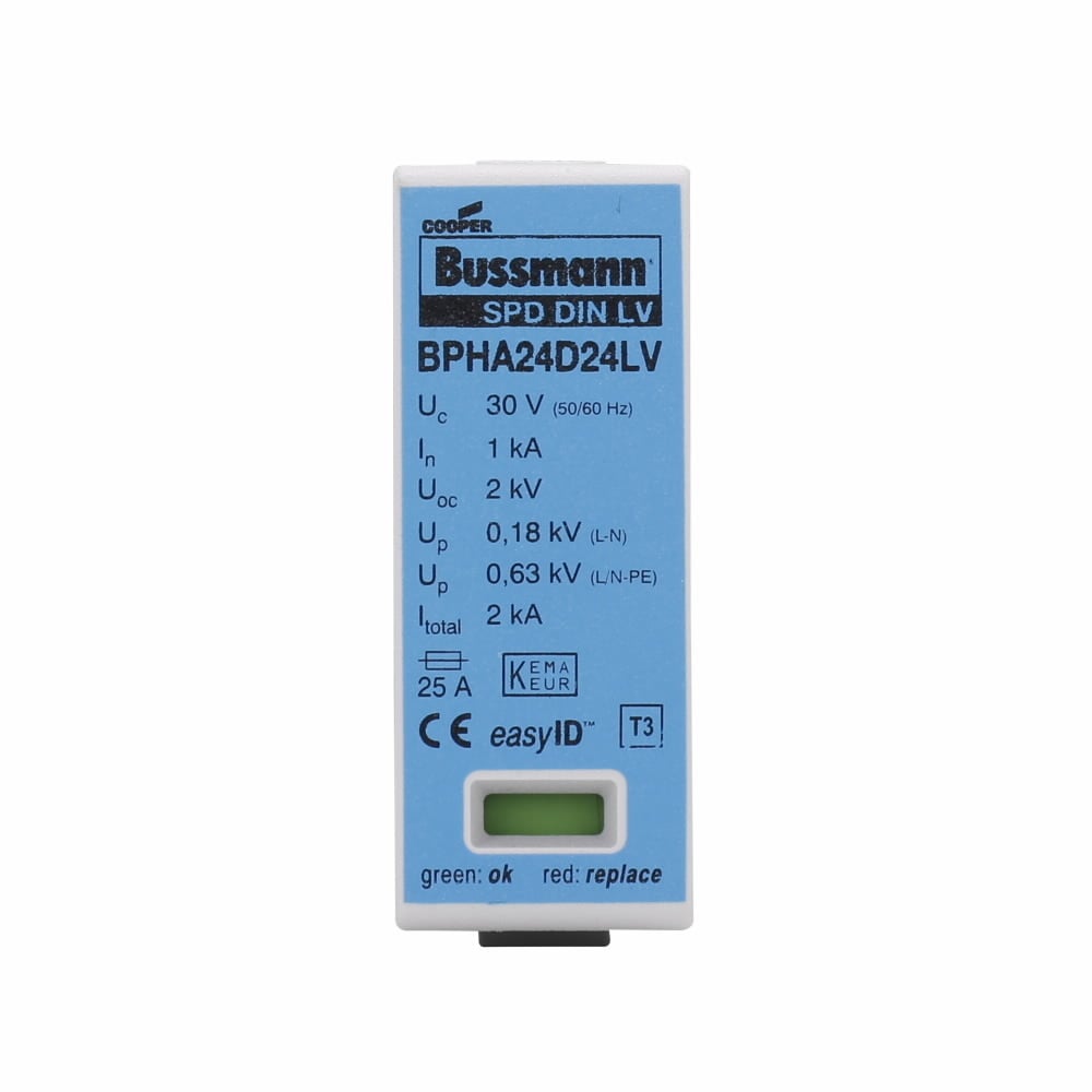 BPHA24D24LV easyID Replacement Module, For Use With Heavy Duty Photovoltaic Fuses, Holders, Blocks and Surge Protective Devices, 24 V AC/DC, Class gL/gG/C, -40 to 80 deg C Operating Temperature, 25 ns Response Time, Thermoplastic