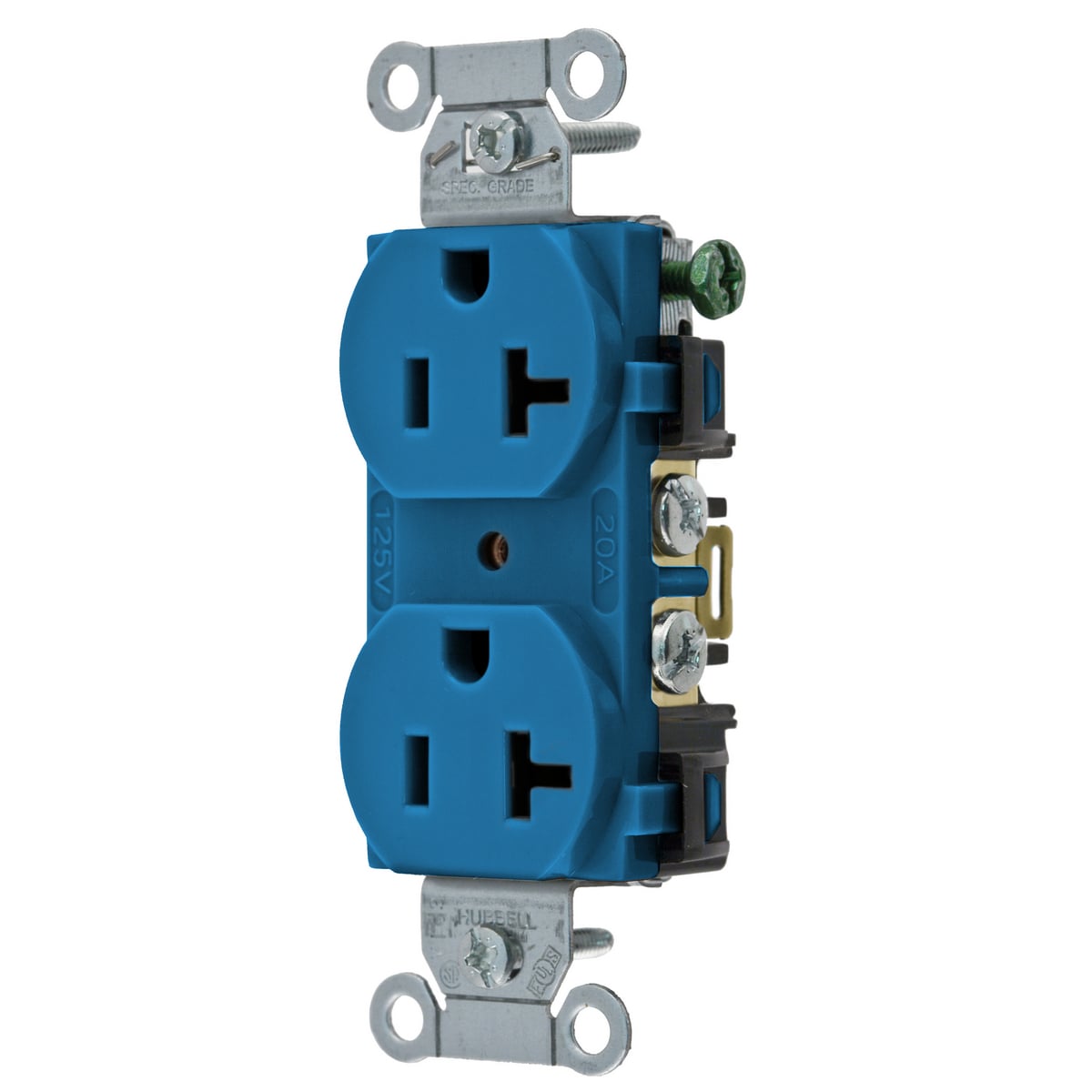 BR20BL 1-Phase Duplex Self-Grounding Standard Traditional Screw Mount Straight Blade Receptacle, 125 V AC, 20 A, 2 Poles, 3 Wires, Blue