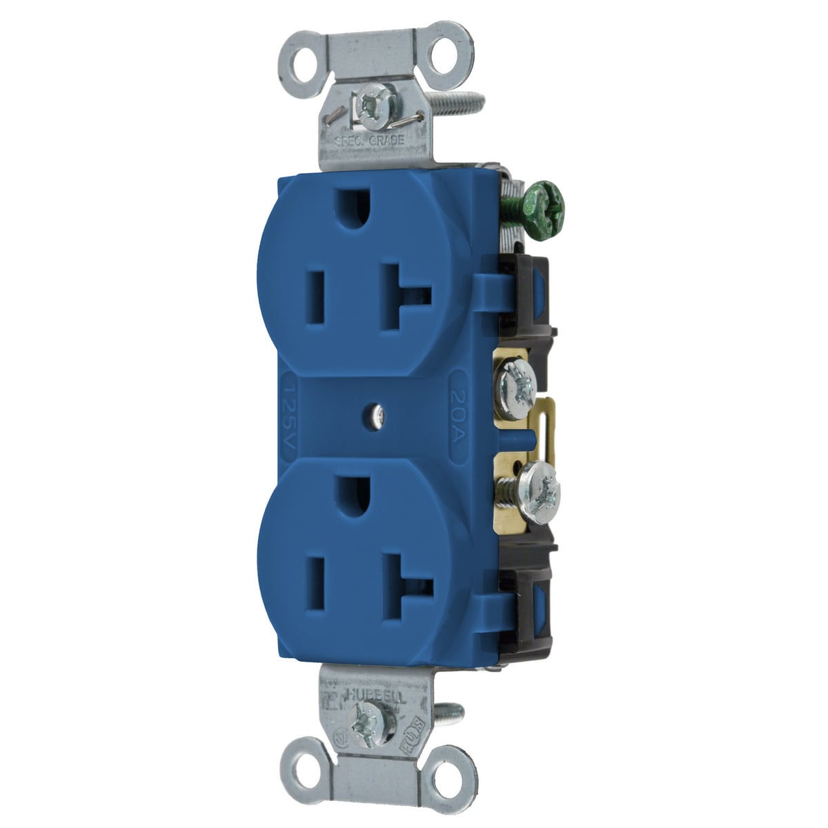 CR20BL 1-Phase Duplex Standard Traditional Screw Mount Straight Blade Receptacle, 125 V AC, 20 A, 2 Poles, 3 Wires, Blue